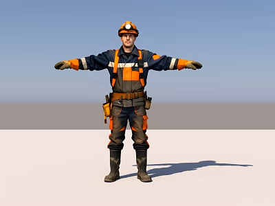 Man In Black And Orange Miner Uniform With Hard Hat Arms Outstretched Against Blue Sky 3d model