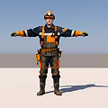 Man In Black And Orange Miner Uniform With Hard Hat Arms Outstretched Against Blue Sky