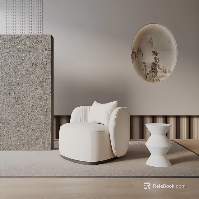 White Leisure Chair With Cushion And White Side Table Near Textured Wall And Round Artwork 3d model 
