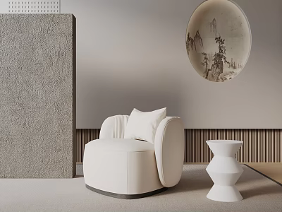 White Leisure Chair With Cushion And White Side Table Near Textured Wall And Round Artwork 3d model