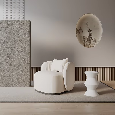 White Leisure Chair With Cushion And White Side Table Near Textured Wall And Round Artwork 3d model