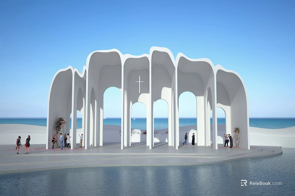 White Arched Seaside Building With Cross Water Pool And People Around 3d model 