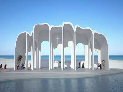 White Arched Seaside Building With Cross Water Pool And People Around 3d model
