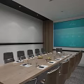 Modern Conference Room Interior With Long Wooden Table Gray Chairs And Blue Projection Screen