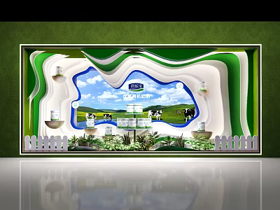 Mengniu Window Display with Green Pasture Cows Blue Sky White Picket Fence and Milk Products 3d model