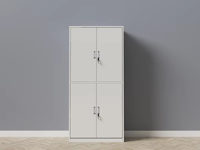 White Bookcase With Double Section Lockable Doors Against Gray Wall And Wooden Floor 3d model