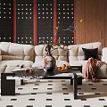 Modern Living Room Interior With Beige Sofa Black Coffee Table Wooden Wine Cabinet And White Pendant Light
