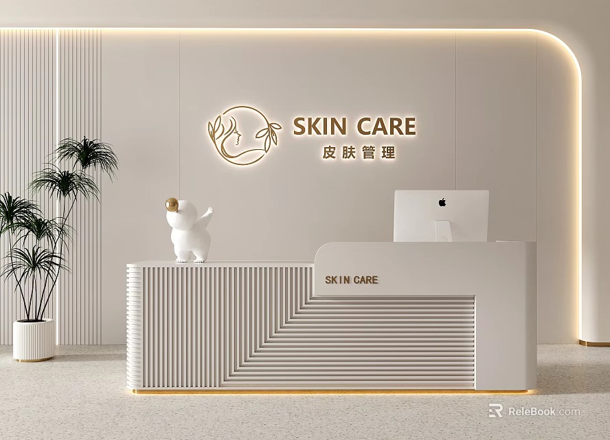 Modern Skin Care Reception Desk With Logo Computer And Potted Plant 3d model 