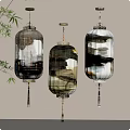 Chinese Traditional Hanging Lanterns With Ink Painting Pattern And Bamboo Decor