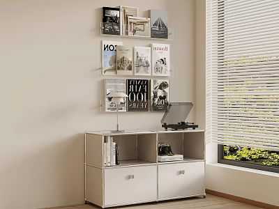 White Entryway and Side Cabinet with Drawers Shelves Books Decor Prints Near Window Blinds 3d model