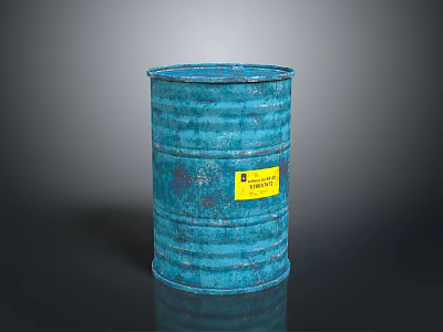 Blue Chemical Waste Barrel With Yellow Label On Dark Background 3d model