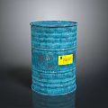 Blue Chemical Waste Barrel With Yellow Label On Dark Background