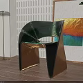 Sleek Modern Leisure Chair in Green Brown with Lattice Screen Colorful Painting and Floor Lamp