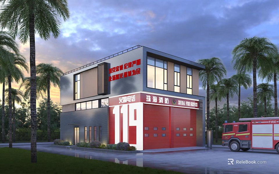 Modern Fire Station Building With Red Garage Doors 119 Sign Fire Truck And Palm Trees 3d model 
