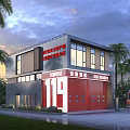 Modern Fire Station Building With Red Garage Doors 119 Sign Fire Truck And Palm Trees
