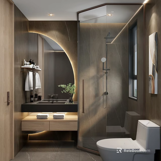 Modern Bathroom Interior With Round Mirror Shower Area And Wooden Vanity 3d model 