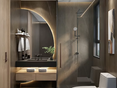 Modern Bathroom Interior With Round Mirror Shower Area And Wooden Vanity 3d model