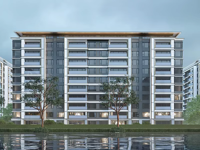 Modern High Rise Apartment Building Exterior With Trees And Waterfront View 3d model