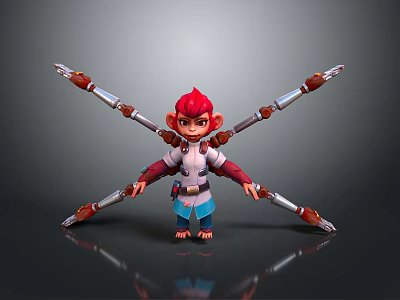 Four Armed Ape Like Creature in Decorative Warrior Attire Holding Weapons on Gray Background 3d model
