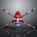 Four Armed Ape Like Creature in Decorative Warrior Attire Holding Weapons on Gray Background