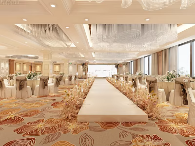 Elegant Banquet Hall With Chandeliers Floral Carpet Long White Aisle Decorated Tables And Large Windows 3d model