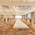 Elegant Banquet Hall With Chandeliers Floral Carpet Long White Aisle Decorated Tables And Large Windows