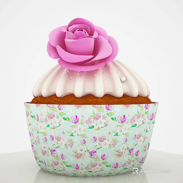 Delicious Cupcake With Pink Rose Decoration And White Frosting In Floral Patterned Cup 3d model 