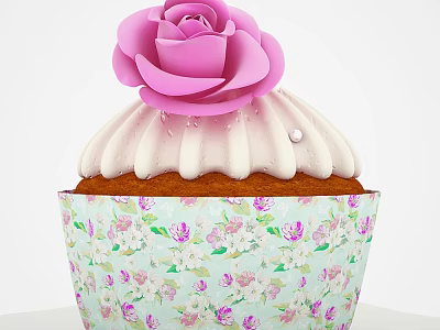 Delicious Cupcake With Pink Rose Decoration And White Frosting In Floral Patterned Cup 3d model