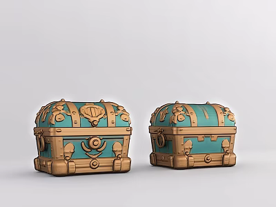Pair of Turquoise and Gold Treasure Chests With Ornate Designs and Metal Accents 3d model