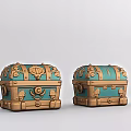 Pair of Turquoise and Gold Treasure Chests With Ornate Designs and Metal Accents
