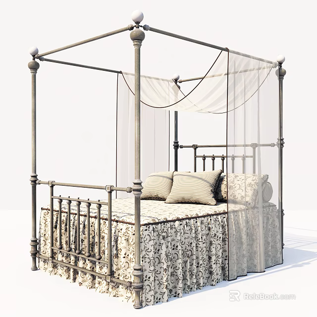 Four Poster Double Bed With Metal Frame Carved Design And White Canopy 3d model 