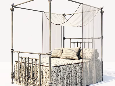 Four Poster Double Bed With Metal Frame Carved Design And White Canopy 3d model