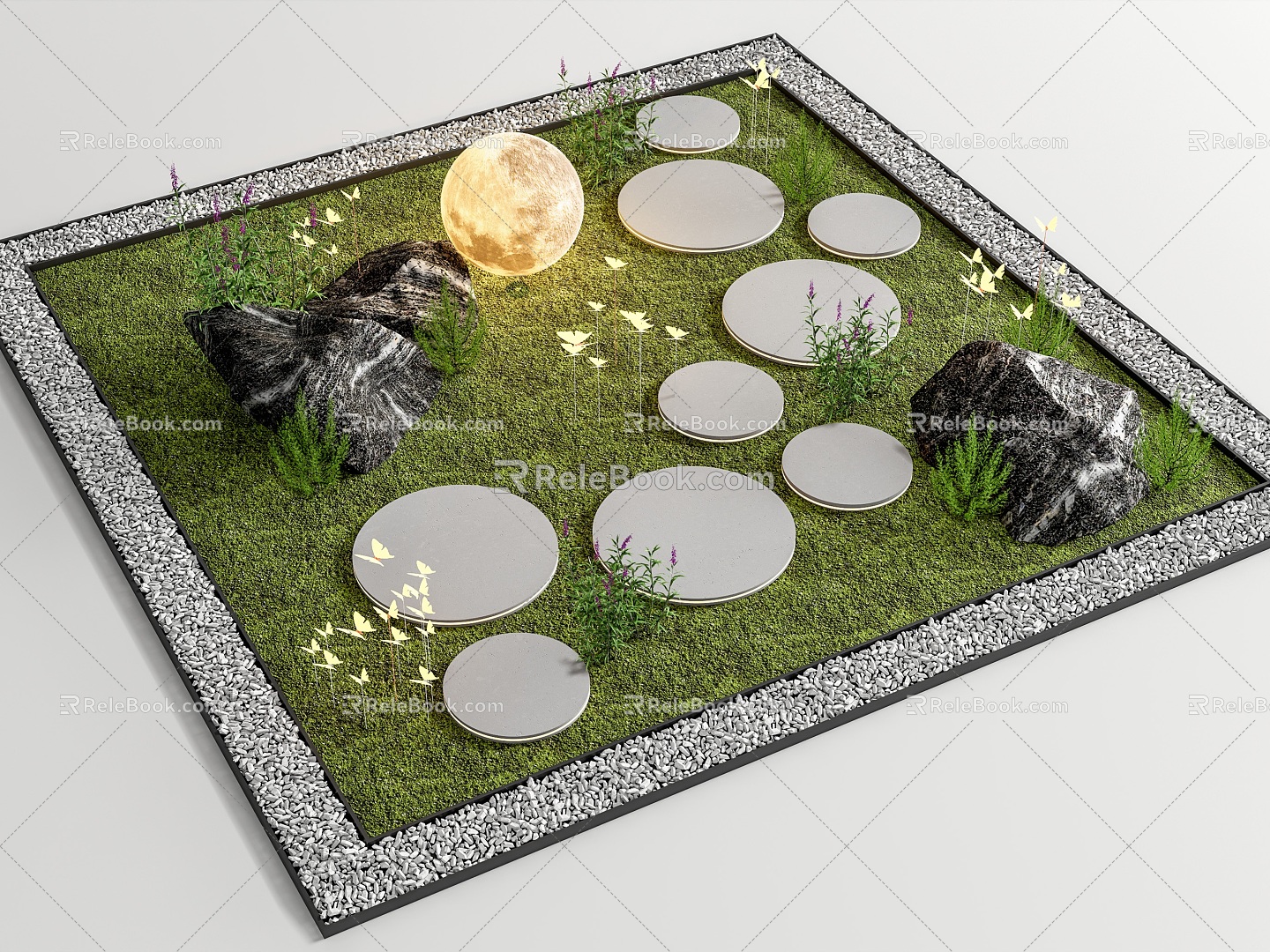 Courtyard Landscape Ting Step Landscape Stone Lawn Moon Light Landscape Light Pebbles 3d model