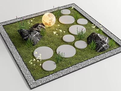 Stone And Wood Garden Pathway With Grass Plants Moonlight And Decorative Edging 3d model