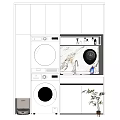 Modern Stackable Washing Machine In Laundry Room With Cabinet And Marble Countertop