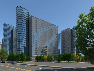 Modern Office Building With Glass Curtain Walls And Surrounding Green Trees 3d model