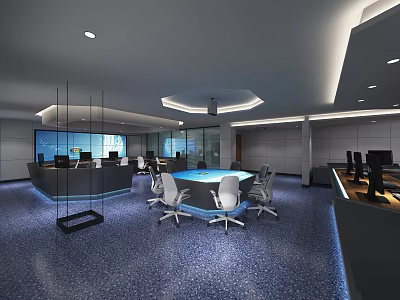 Modern Monitoring Room Interior With Control Desks Monitors And Chairs 3d model