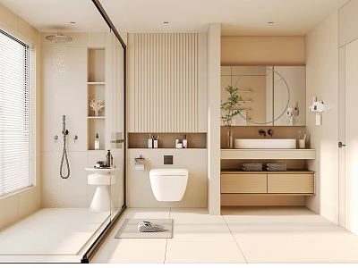 Modern Light Colored Bathroom Interior Design With Glass Shower Toilet Vanity And Round Mirror 3d model