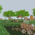 Happy Farm Natural Scenery With Green Grass Crops Trees Wooden Fence Stone Pavilion And Mountains