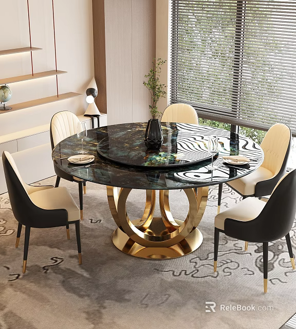 Modern Elegant Restaurant Interior With Round Marble Dining Table Golden Base And Black White Chairs 3d model 
