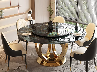 Modern Elegant Restaurant Interior With Round Marble Dining Table Golden Base And Black White Chairs 3d model