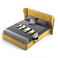 Modern Double Bed Interior Design With Yellow Headboard Gray Bedding And Plaid Pattern 3d model