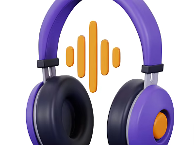 Stylish Purple Audio Headphones with Black Ear Cushions Orange Button and Sound Wave Design 3d model
