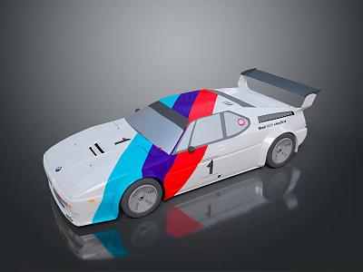 BMW Race Car With White Body Blue Red Purple Stripes Number 1 And Rear Spoiler 3d model