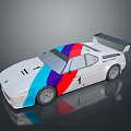 BMW Race Car With White Body Blue Red Purple Stripes Number 1 And Rear Spoiler