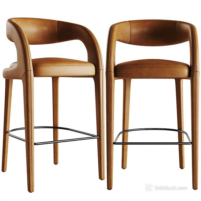 Brown Leather Bar Stools With Curved Armrests Wooden Legs And Metal Footrests 3d model 