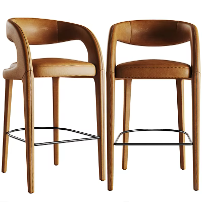 Brown Leather Bar Stools With Curved Armrests Wooden Legs And Metal Footrests 3d model