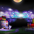 Industrial Factory Building With Colorful Mosaic Walls Rocket Like Structure Steps Green Lawn And Spotlights