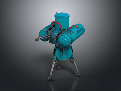 Teal Robot Character With Cylindrical Body Arm Like Structures Three Legged Design And Red Cables 3d model
