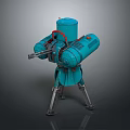 Teal Robot Character With Cylindrical Body Arm Like Structures Three Legged Design And Red Cables 3d model